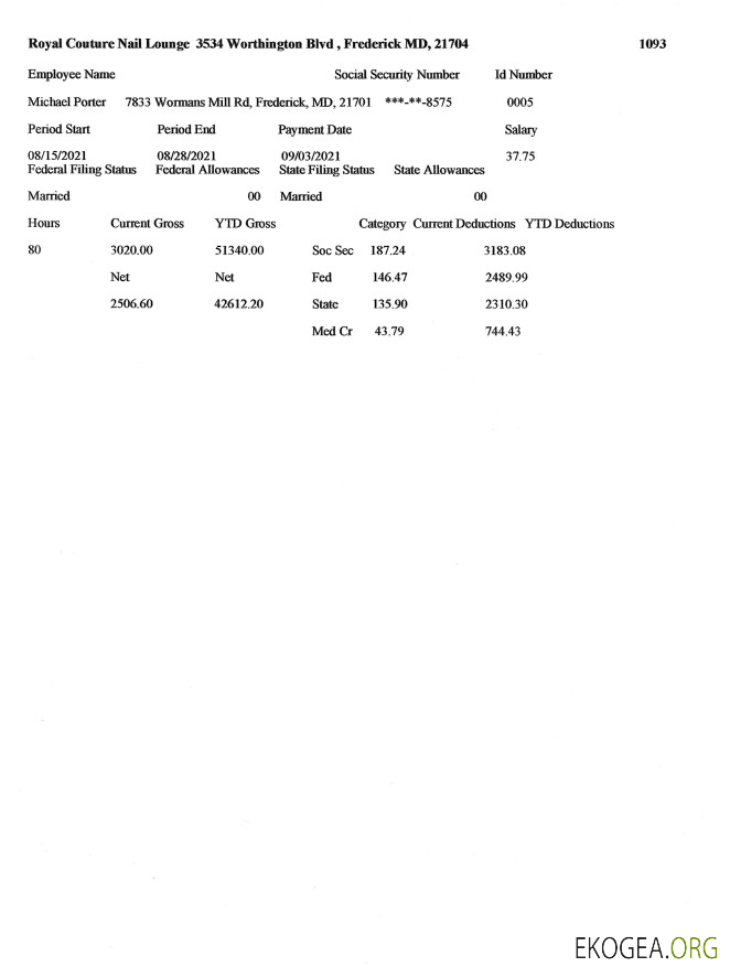 Bulletin de paie ROYAL COUTURE NAIL LOUNGE au format PDF et Word